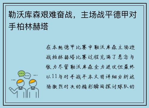 勒沃库森艰难奋战，主场战平德甲对手柏林赫塔