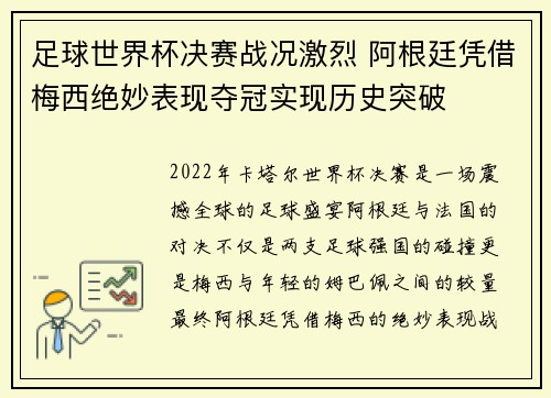 足球世界杯决赛战况激烈 阿根廷凭借梅西绝妙表现夺冠实现历史突破